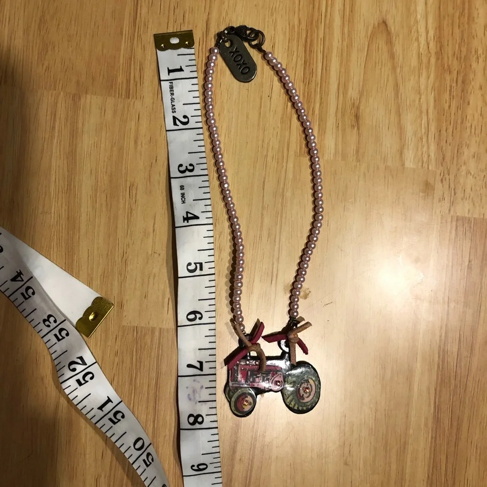 XOXO Pink pearl necklace with tractor charm